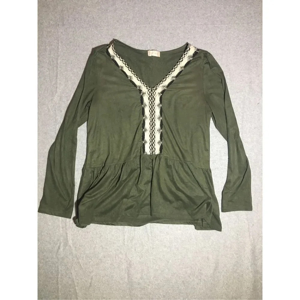 Womens Altar’d State Blouse Size Large Green Velvet White Black Crochet Detail